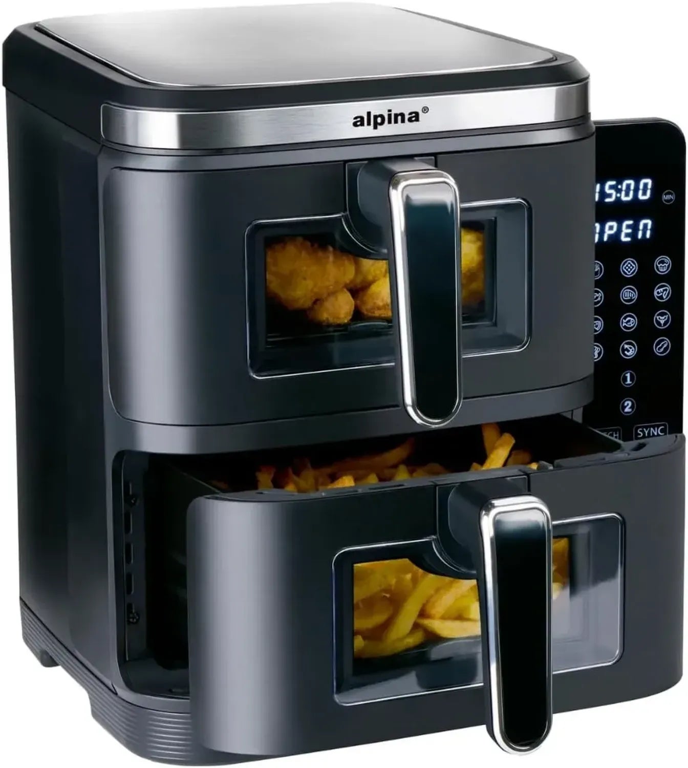 Alpina XXL Heißluftfritteuse 11L – Doppelkammer Air Fryer für 8 Personen – Klappdisplay, 60-Minuten-Timer, 60-200°C – Schwarz